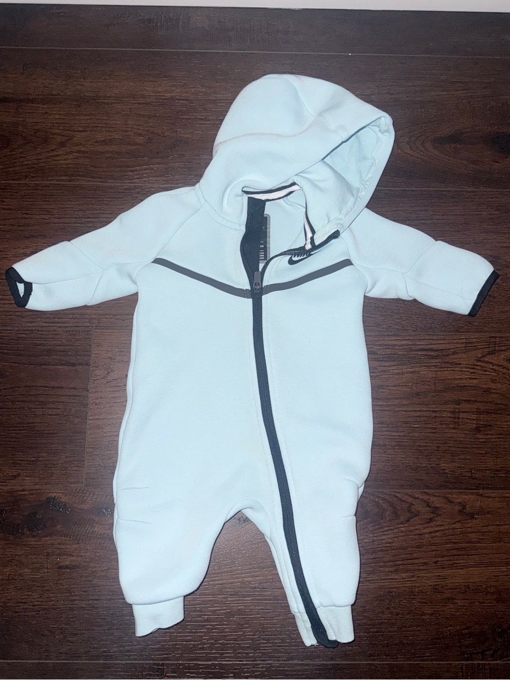 Nike Light Blue Hooded Zippered Baby One-Piece with Black Trim